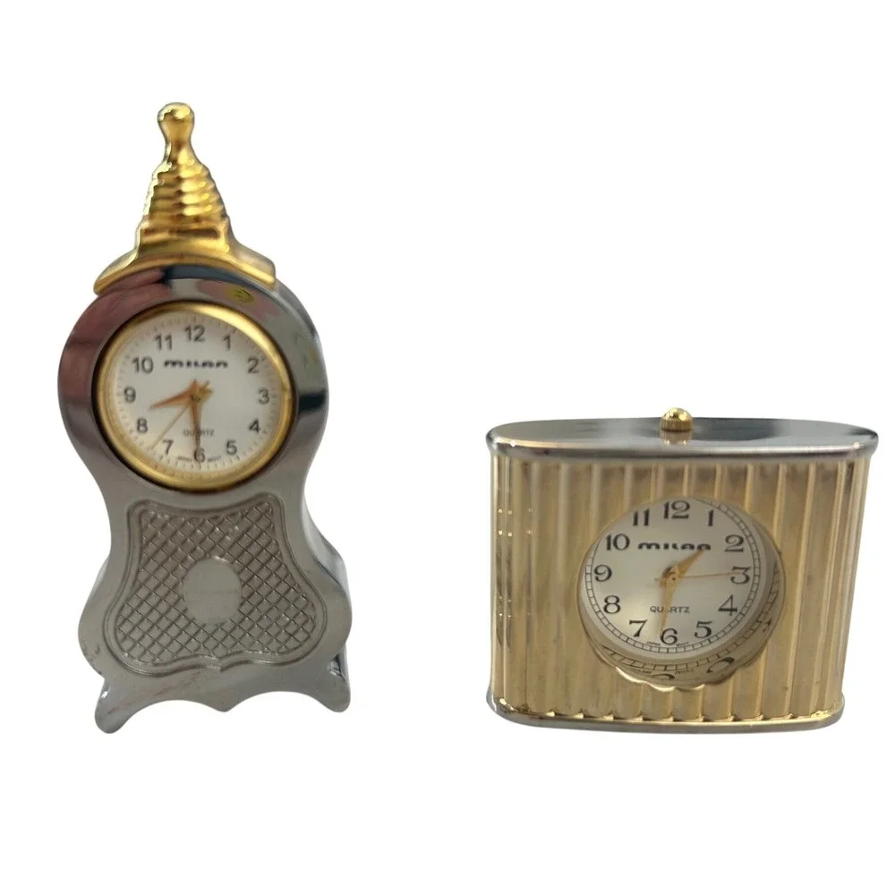 Milan Miniature Desk Clocks Set of 2 Quartz Gold Silver Tone Metal Vintage Style